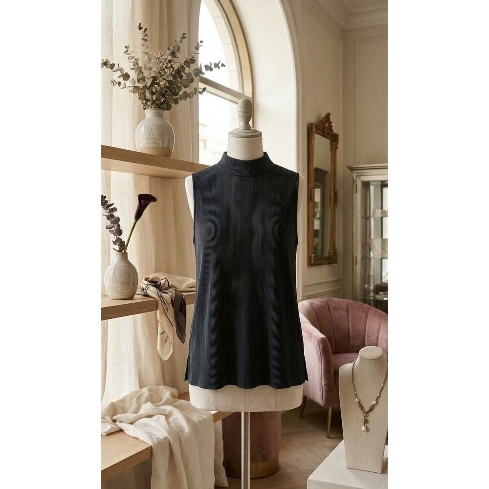 NWT Navy Pleated Mock Neck Tank Top Shell Large Cupro Silk Feel Quiet Luxury